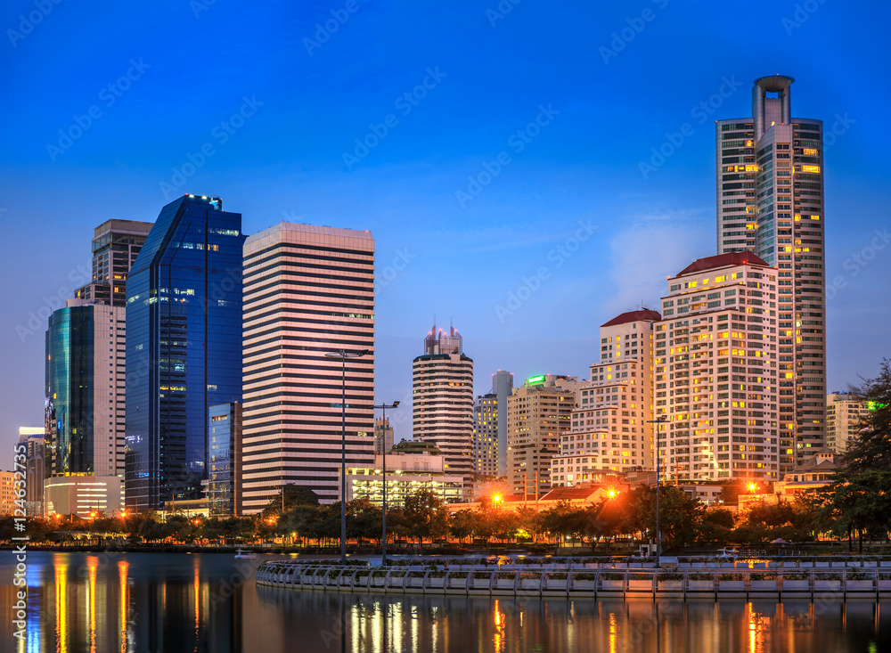 Modern Office Buildings in Bangkok, Thailand, at Night