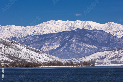 Snow-capped mountains and the lake