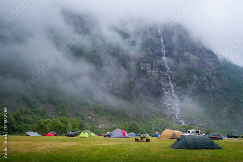 Tents at Lusebotn camping under the mountain. Lyse fjord, Norway. photo