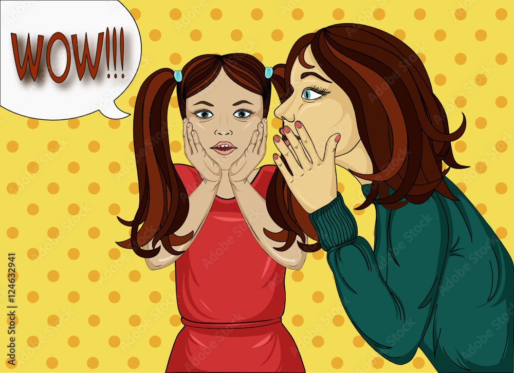 The mother of a little girl whispering a secret into the ear.