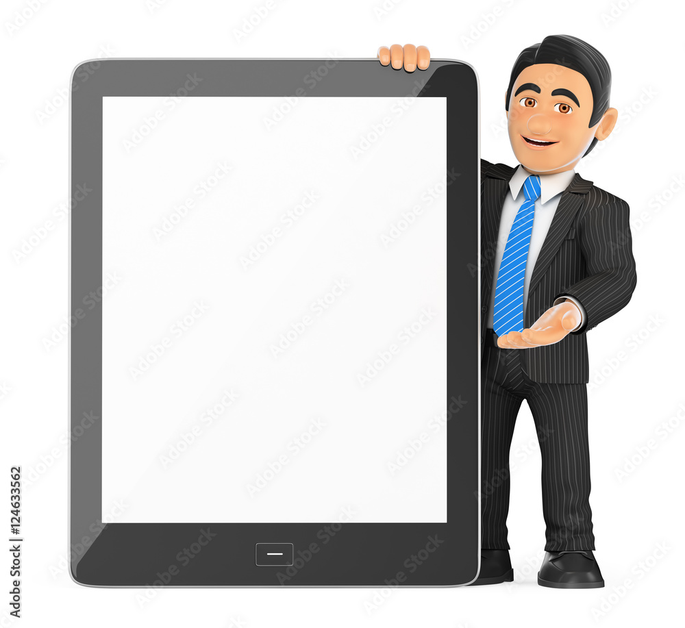 3D Businessman with a huge tablet blank screen 3D Businessman with a huge tablet blank screen