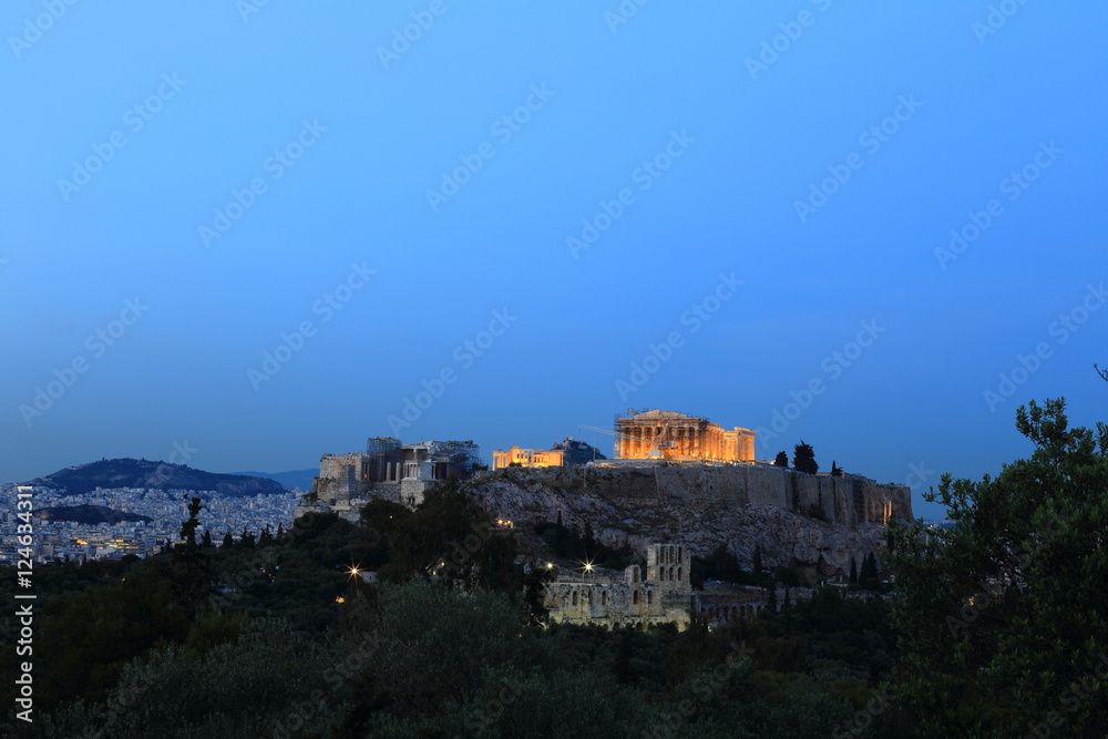 View of the Parthenon at night, Athens, Greece 