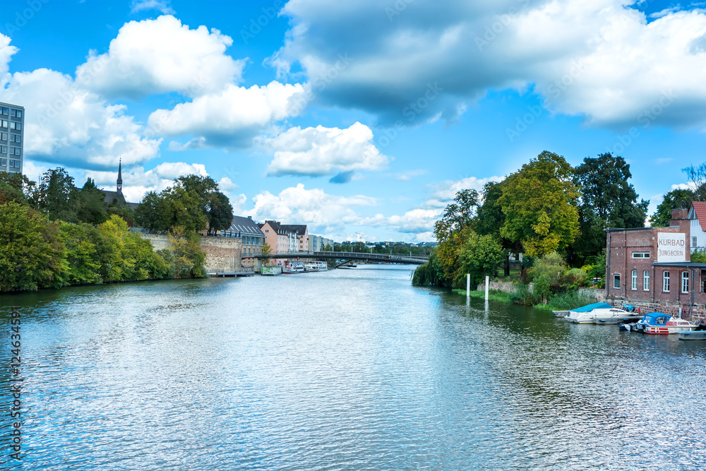 skyline of Kassel vith view to Auedamm at river Fulda