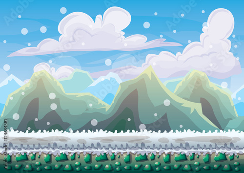cartoon vector snow landscape background with separated layers for game and animation game design asset in 2d graphic