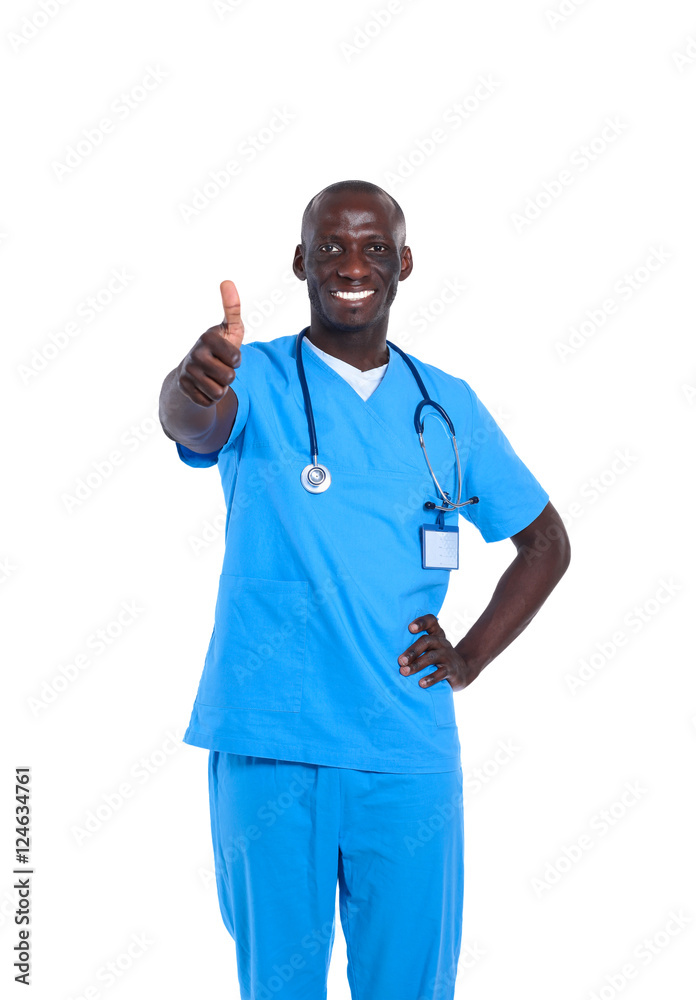 Portrait of doctor showing you ok sign standing in a white uniform on isolated background Portrait of doctor showing you ok sign standing in a white uniform on isolated background