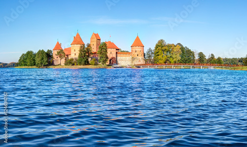 Trakai Island Castle Museum in the early fall time. Trakai village, Lithuania.