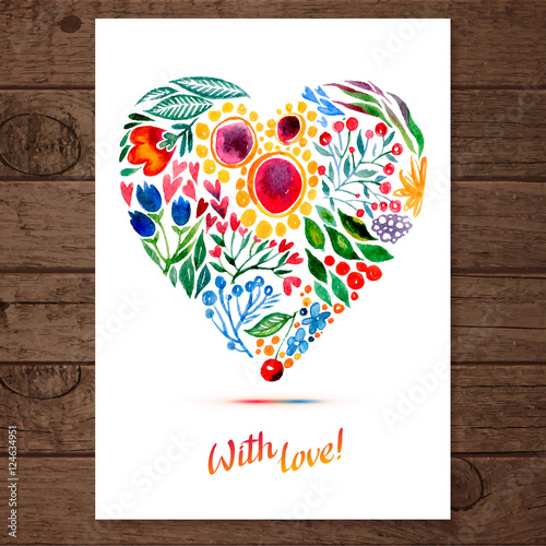 Vector illustration of flower heart frame. Multiolor floral drawing watercolor. Card design for Valentine's Day or weddings. Spring  summer   invitation and greeting cards photo