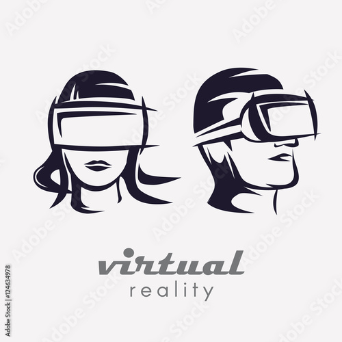 mans and womans  head in VR glasses icon, stylized logo template