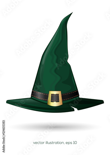 Green witch hat. Headdress. Halloween symbol. Cartoon vector illustration isolated on white background