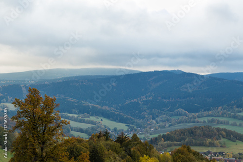 Summer landscape in mountains and the dark blue sky with clouds