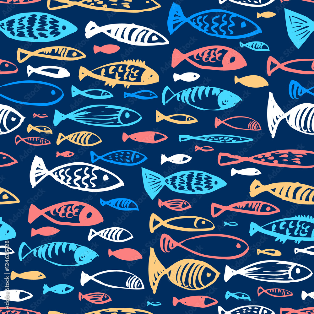 Fototapeta premium Hand drawn seamless pattern with doodle fishes. Ink illustration
