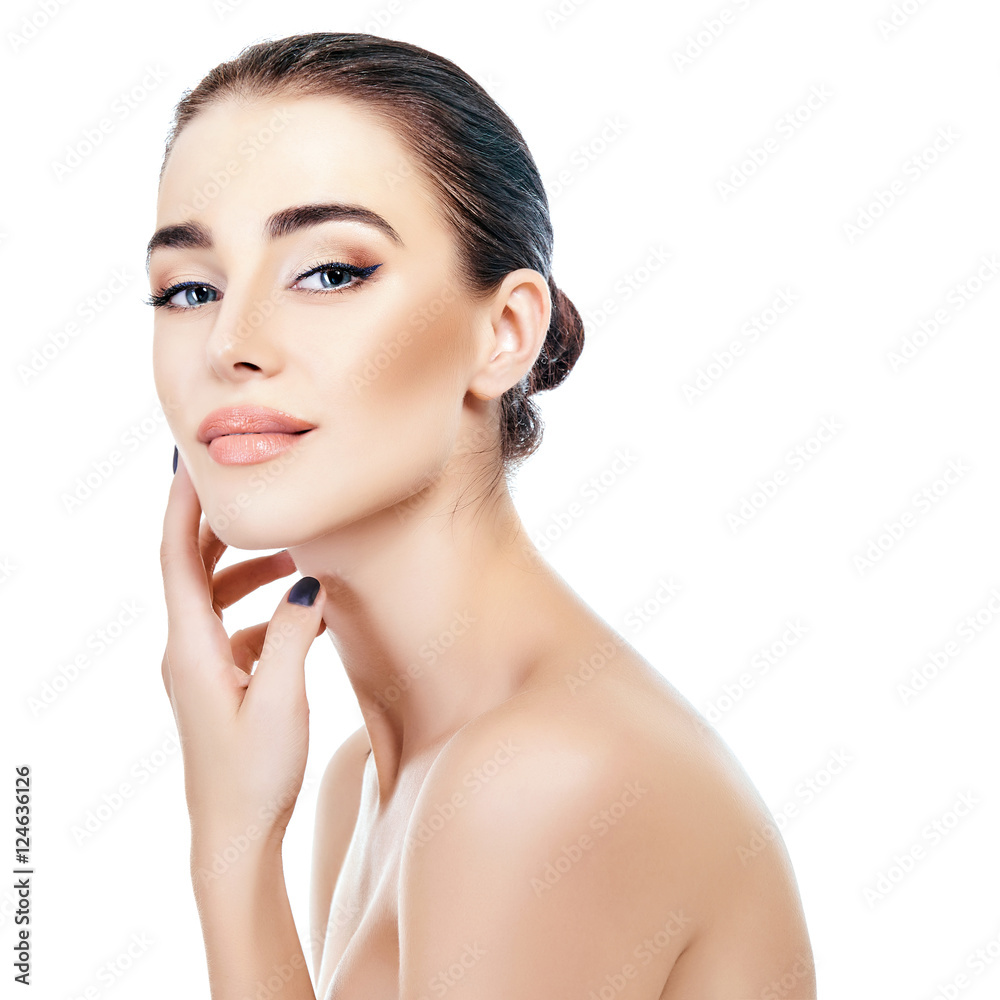 Majestic woman's beauty. Portrait of beautiful girl over white b Majestic woman's beauty. Portrait of beautiful girl over white b
