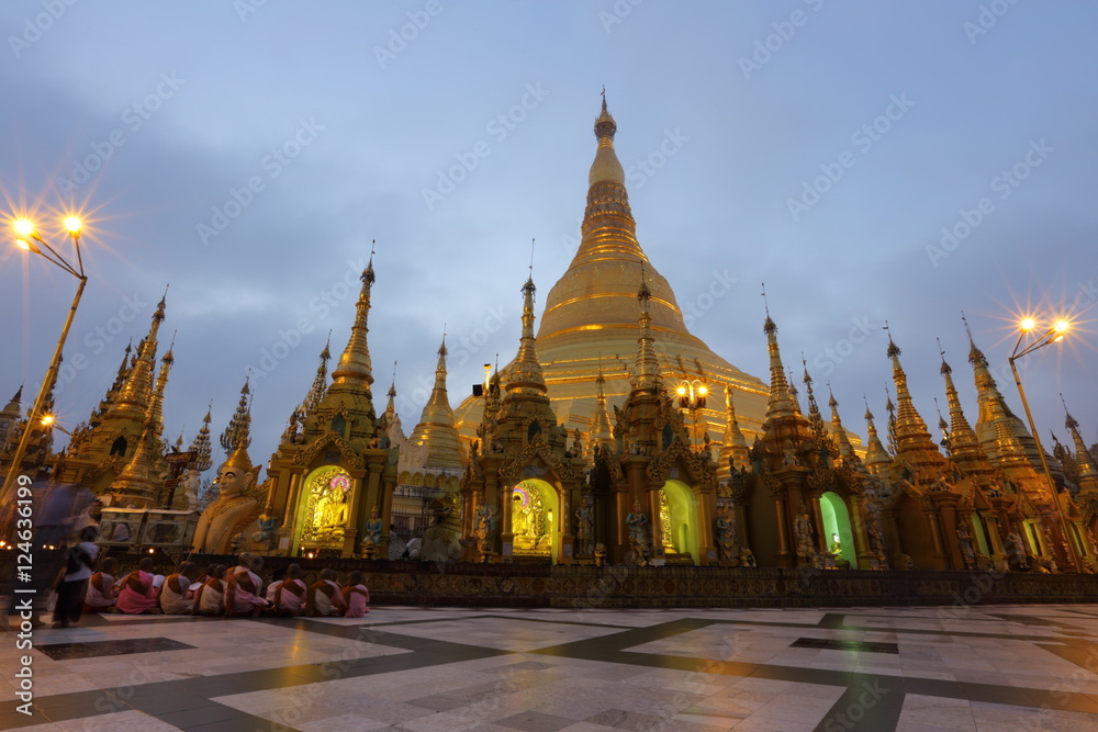 Shwedagon Paya pagoda Myanmer famous sacred place and tourist attraction landmark,Yangon, Myanmar 