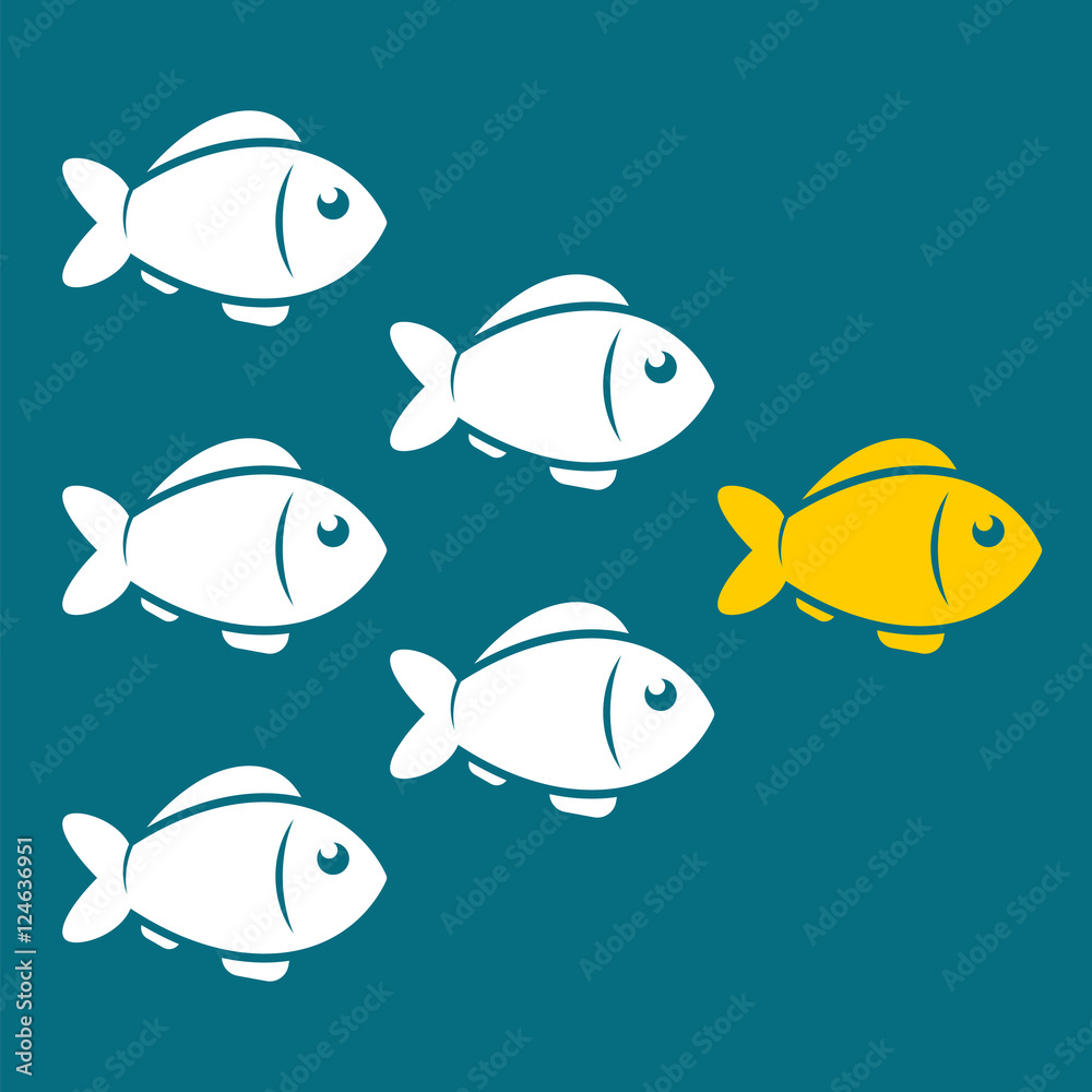 Naklejka premium Leadership business concept with crowd fish following behind the leader. Vector illustration.