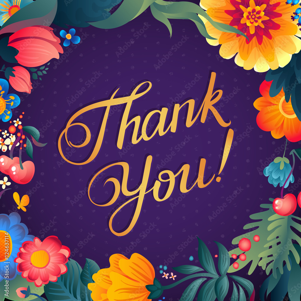Thank you card in bright colors. Stylish floral background with text, berries, leaves and flower