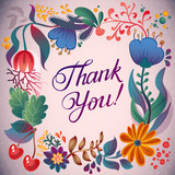 Thank you card in bright colors. Stylish floral background with text, berries, leaves and flower