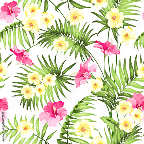 Seamless tropical flower. Tropical flowers and jungle palms. Beautiful fabric pattern with a tropical flowers isolated over white background. Blossom plumeria for seamless pattern background.