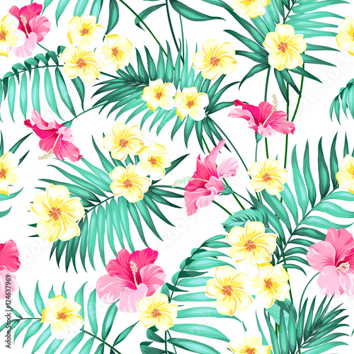 Seamless tropical flower. Plumeria flowers and jungle palms. Beautiful fabric pattern with a tropical flowers isolated over white background. Blossom flowers for seamless pattern background.