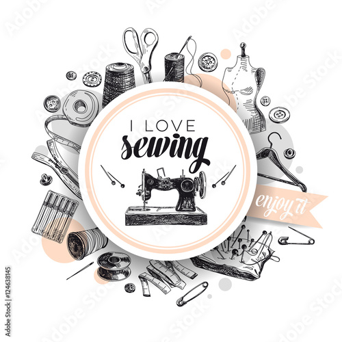 Vector hand drawn sewing Illustration. 