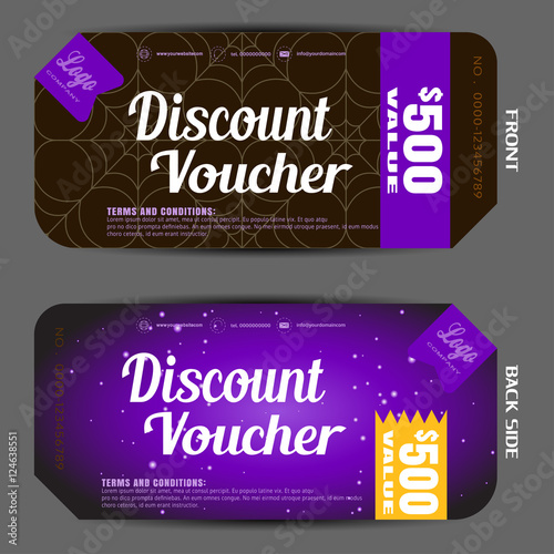 Vector discount voucher with pattern on brown and gradient lilac background.