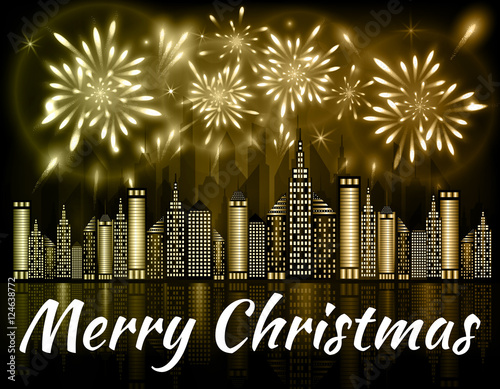 Merry Christmas banner decorated with fireworks exploding in night sky over downtown city