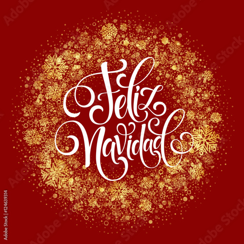 Feliz Navidad hand lettering decoration text for greeting card design template. Merry Christmas typography label in spanish. Calligraphic inscription for winter holidays. Vector illustration