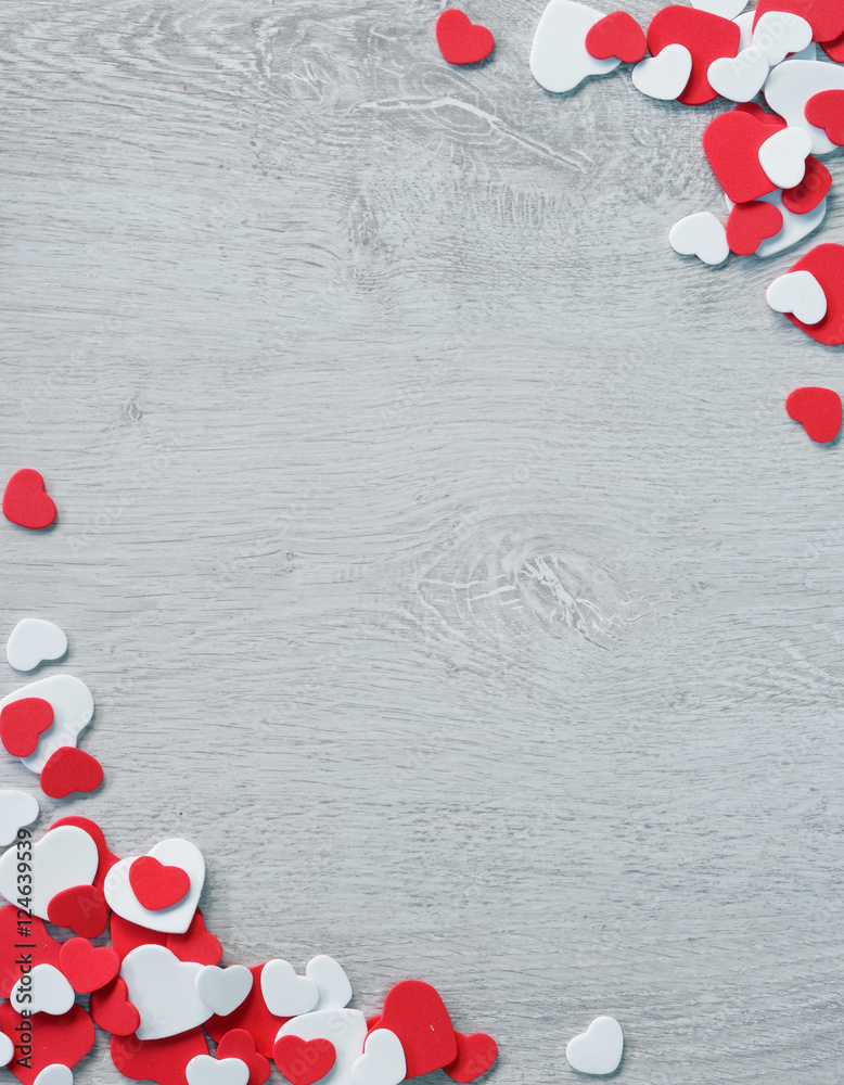 Beautiful romantic frame on wooden background. Decorative red and white  hearts. View from above. Love and St. Valentines Day concept. Stock Photo |  Adobe Stock