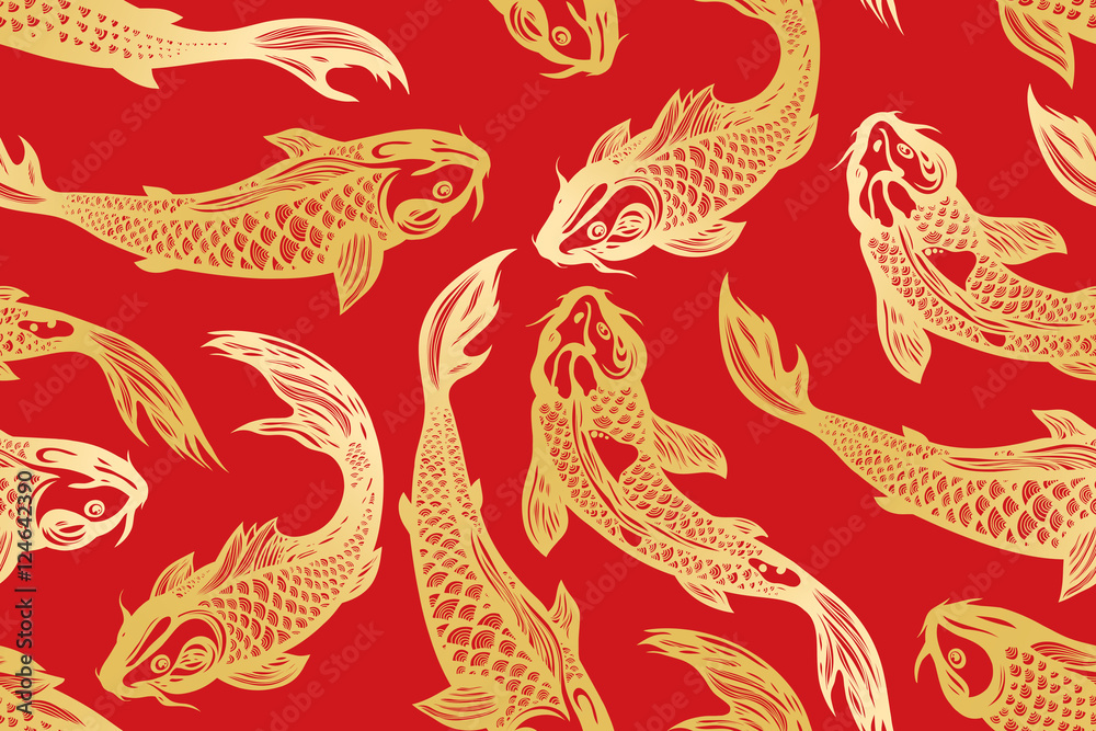 Seamless pattern with koi carp fish. Pond. Background in the Chinese style. Hand drawn. 