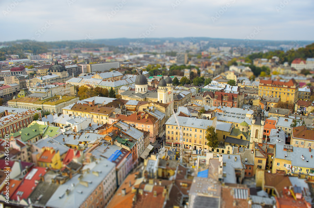 Lviv from a height, panoramic photo, tilt-shift.