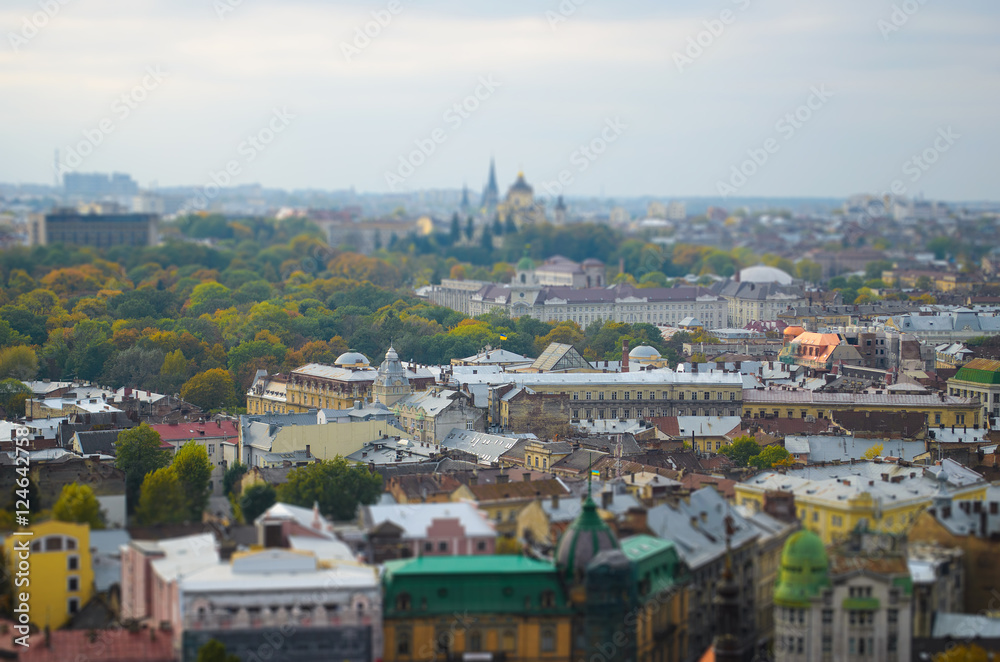 Ancient Lviv view from height, tilt-shift.