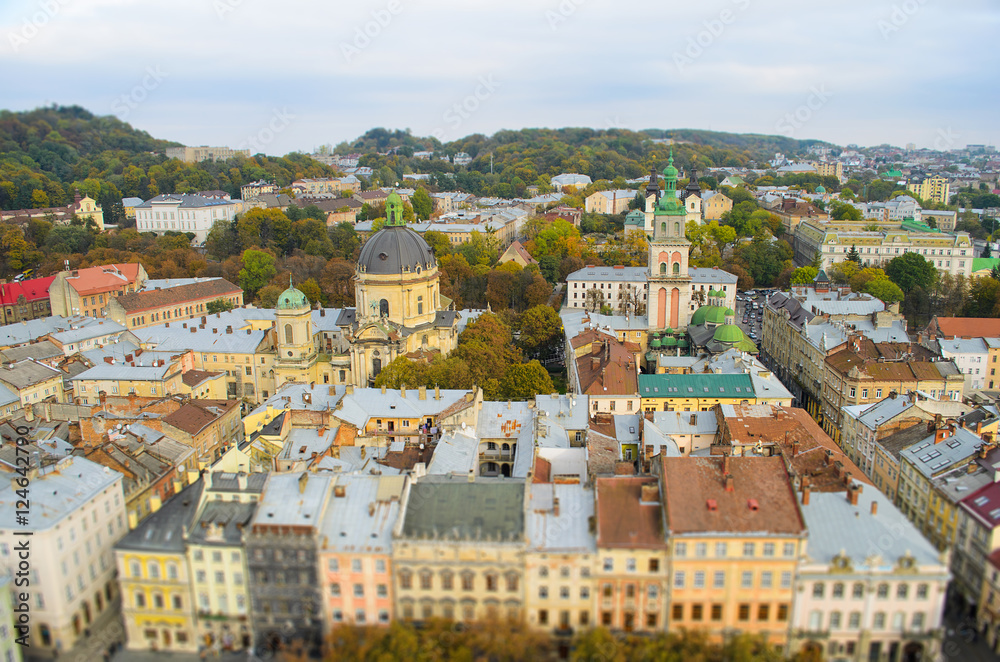 The ancient city of Lviv - the view from the height, tilt-shift.