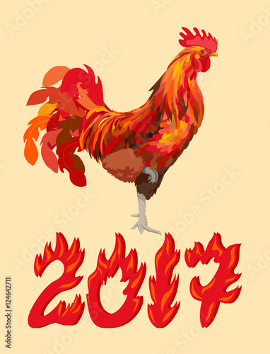 New Year red cock with 2017, vector illustration