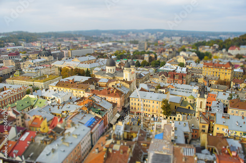 Lviv from a height, panoramic photo, tilt-shift.