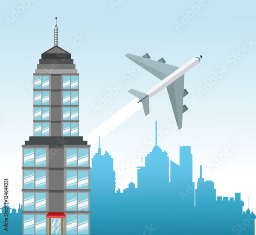 Airplane and city icon. Travel trip vacation and tourism theme. Colorful design. Vector illustration
