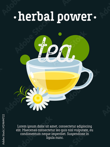 Herbal power - blackboard restaurant sign, poster with cup of green tea with camomile. Vector illustration, eps10.