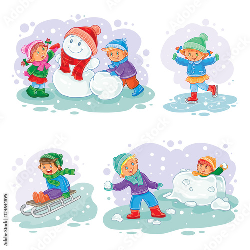 Set vector winter icons with little children