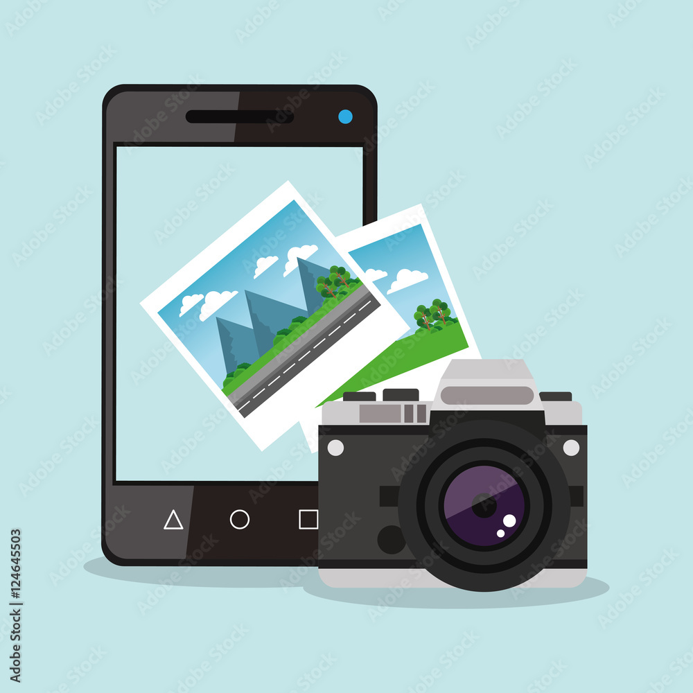 Smartphone camera and picture icon. Social media marketing and communication theme. Colorful design. Vector illustration