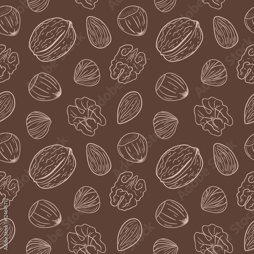 Seamless pattern with assorted nuts: walnuts, almonds, hazelnuts. Whole and shelled nuts mix. Vector hand drawn seamless pattern for packaging, textile, interior, background and other designs. 