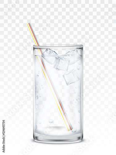 Glass beaker with water, ice cubes and a straw