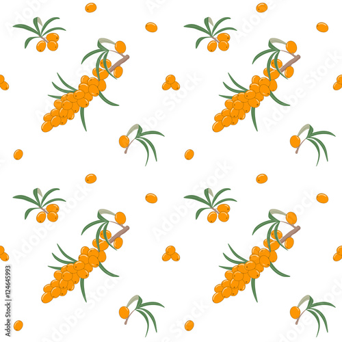 Seamless pattern with fresh ripe sea buckthorn berries on a branch with leaves. Natural medicine, medical herb. Vector illustration. For various designs. 