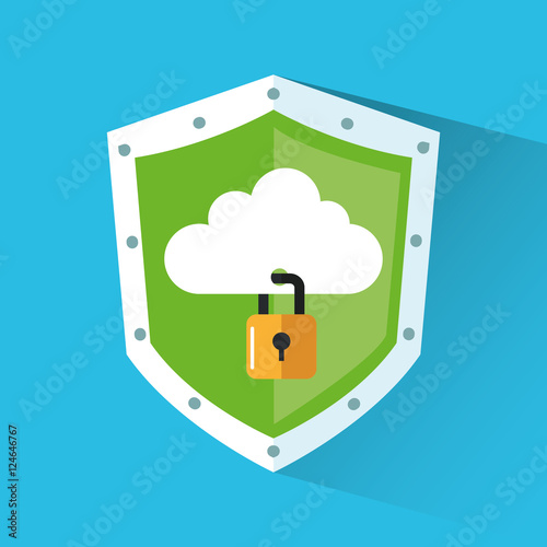 Padlock and cloud inside shield icon. Security system cyber warning and protection theme. Colorful design. Vector illustration