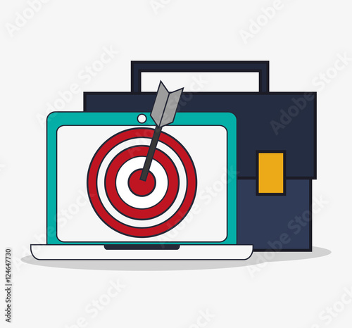 Suitcase laptop and target icon. Social media and digital marketing theme. Colorful design. Vector illustration