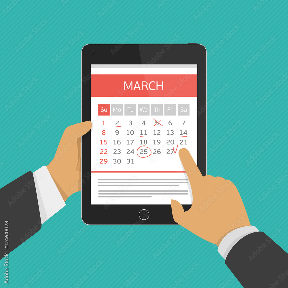 Planning calendar in tablet. Planning calendar in tablet.