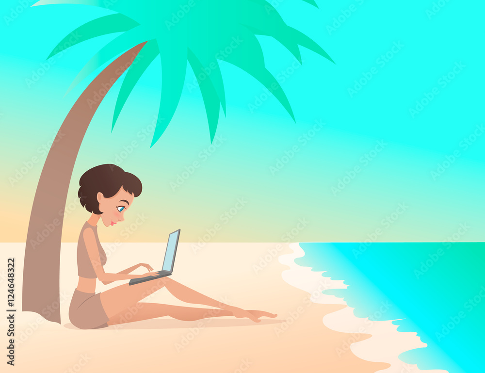 Young girl freelancer working outdoors on the beach with laptop. Freelance.