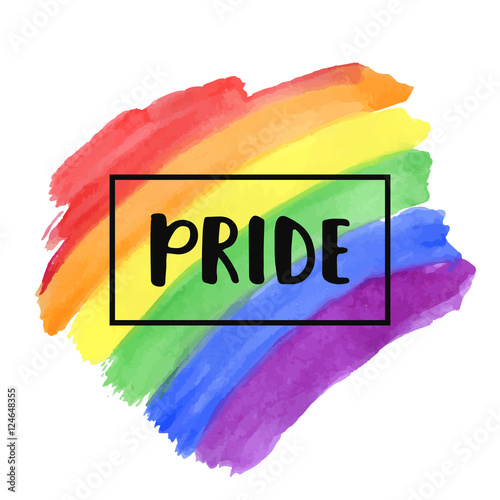 Gay Pride lettering on a watercolor rainbow spectrum flag