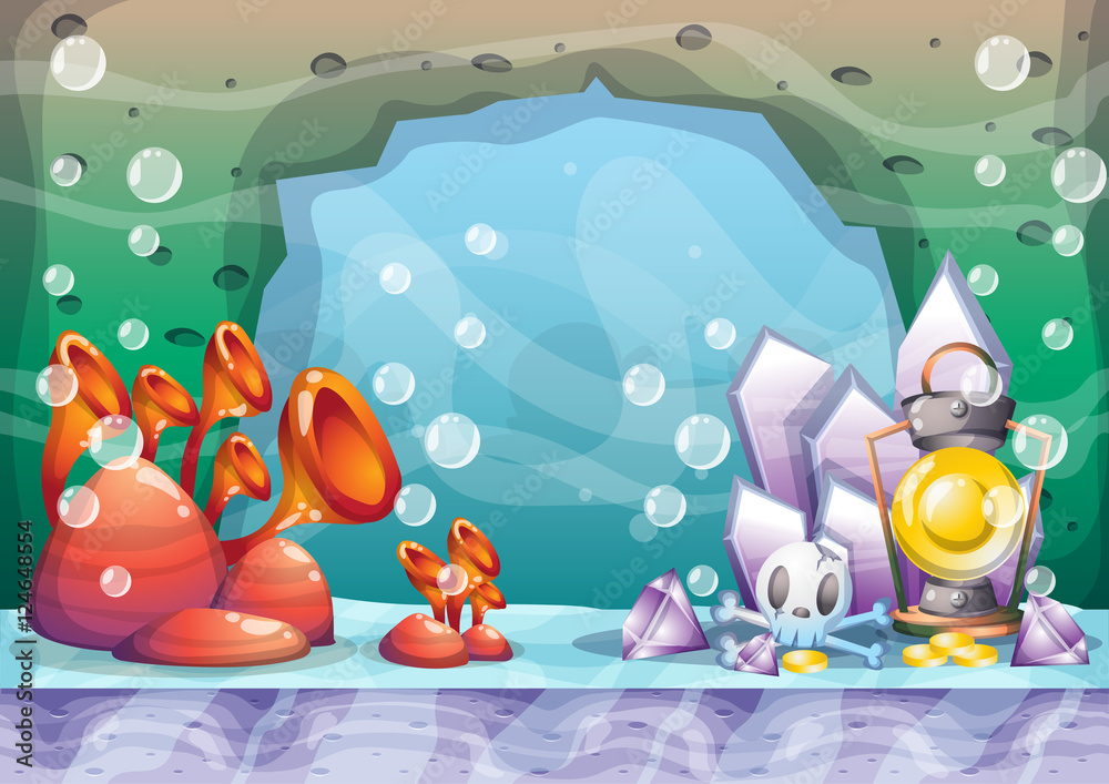 cartoon vector underwater treasure background with separated layers for game art and animation game design asset in 2d graphic cartoon vector underwater treasure background with separated layers for game art and animation game design asset in 2d graphic