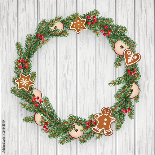 Christmas wreath made of evergreen fir, spruce branches, red berries, dried apple fruit, gingerbread cookies. Realistic vector