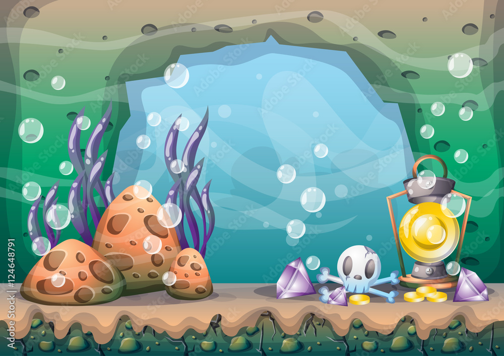 cartoon vector underwater treasure background with separated layers for game art and animation game design asset in 2d graphic