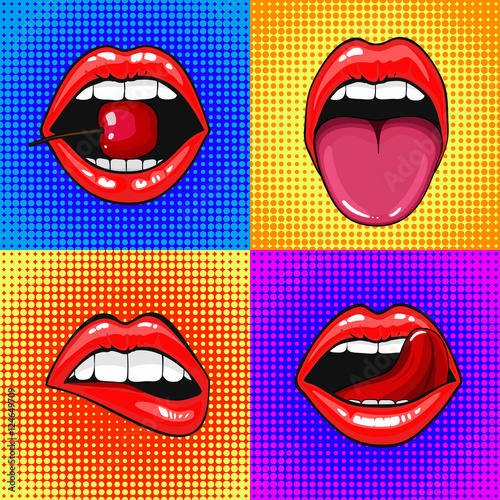 Close up view of young pretty woman lips portrait biting a cherry. Open month with white teeth and tongue. halftone dots background. Set Pop art comic style month.