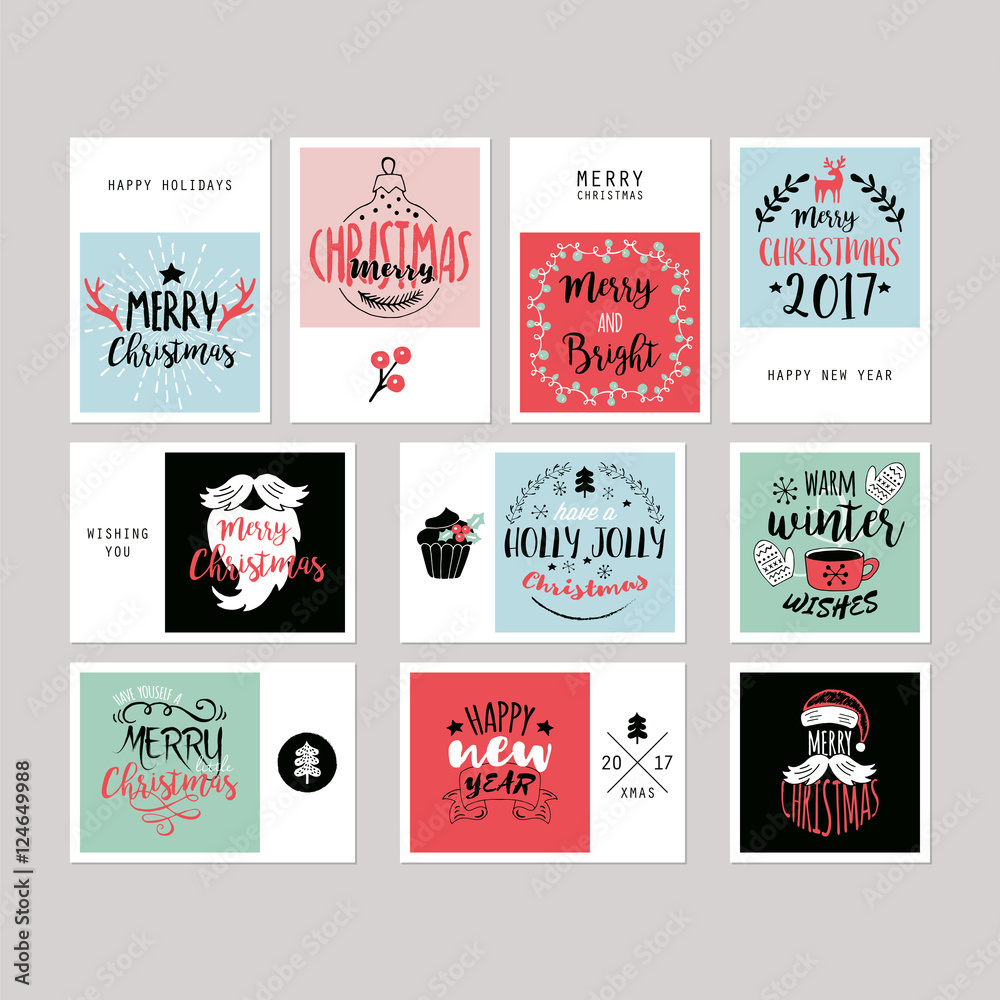 Christmas holiday greeting card set with typography and  hand dr
